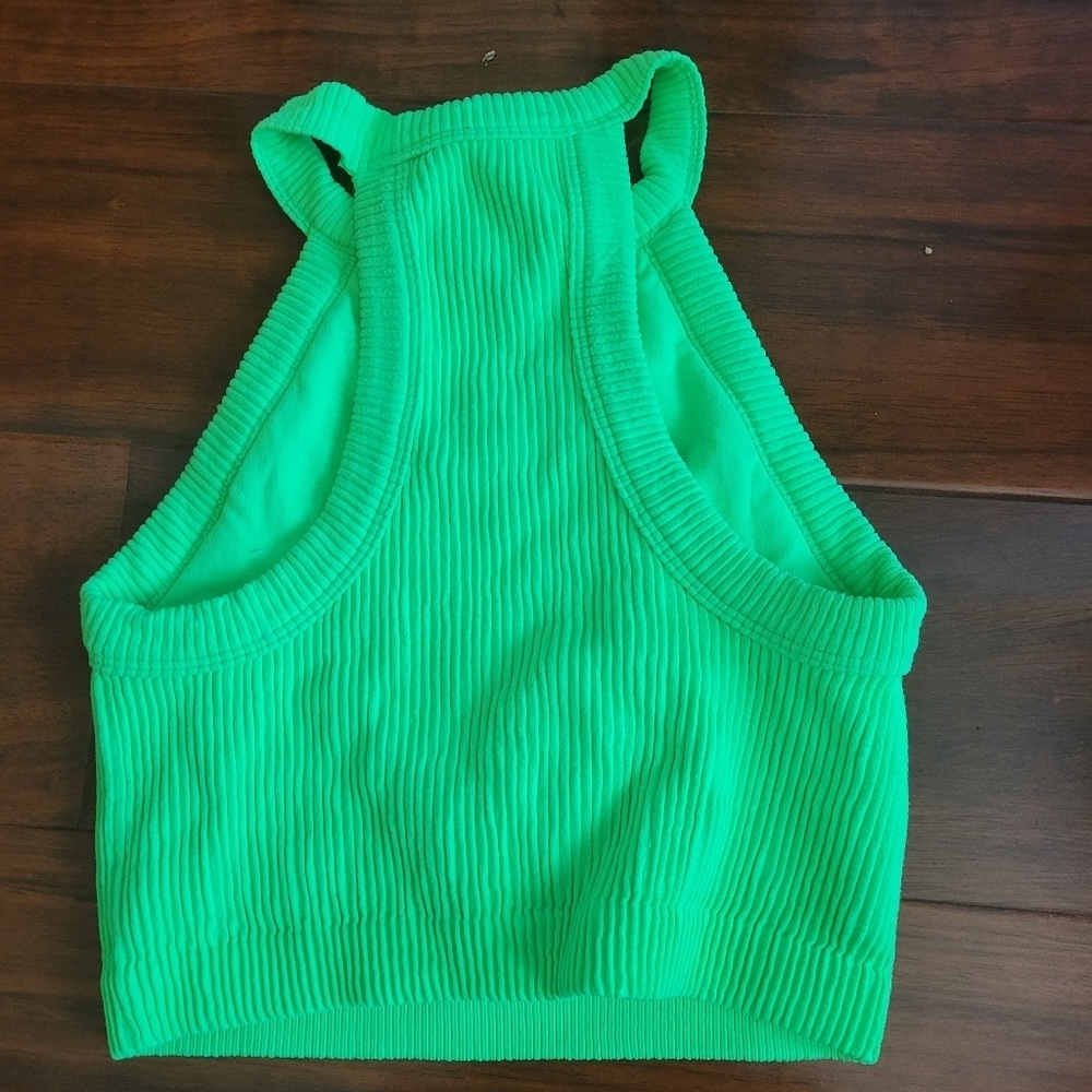 Aerie Ribbed High Neck Halter Bikini Top Neon Lime Green Brat S - Picture 5 of 5